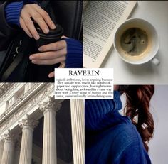 a collage of photos with coffee, books and an image of a woman holding a cell phone