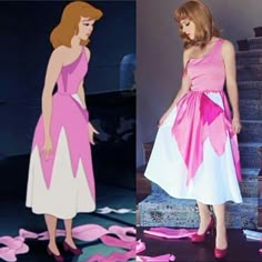 two pictures of the same woman in pink and white dresses, one is dressed as princess aurora