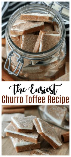 the easy toffee recipe in a glass jar on a wooden table with text overlay