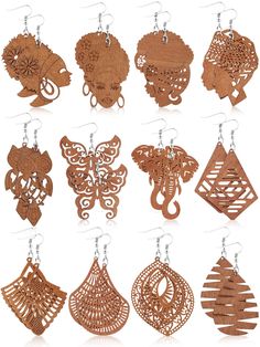 PRICES MAY VARY. Enough quantity: you will get 12 pairs of African wooden dangle drop earrings in different styles, sufficient quantity can satisfy your daily wearing and matching needs, you can share them with your friends and family members Rich in styles: the bohemian wood drop earrings are decorated with pendant charms of different shapes, hollowed designs and natural wood color make them full of African ethnic flavor, beautiful and eye-catching Comfortable to wear: the boho pendant dangle e Boho Drop Earrings, Laser Cut Wood Earrings, African Earrings, Boho Pendant, Earrings Bohemian, Stylish Earring, Wooden Pendant, Diy Crafts Jewelry, Wooden Earrings