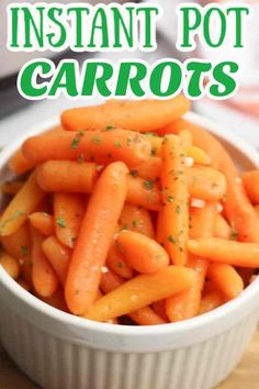 instant pot carrots in a white bowl with parsley on top and text overlay that reads instant pot carrots