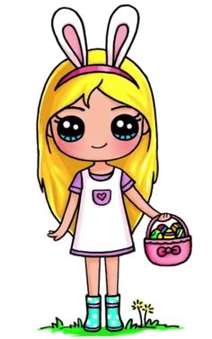 a cartoon girl with bunny ears holding a basket and easter eggs in her hand,