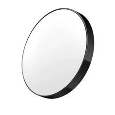 a round mirror on a white background with black trimmings and an oval shape