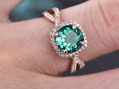 - Metal: Solid gold(10K/14K/18K white/yellow/rose gold),925 sterling silver,platinum available- Main Stone: 7.5mm round cut lab treated emerald- Accent Stone: natural conflict free diamonds- Can be personalized: Yes