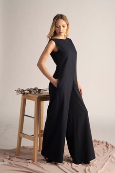 Black Jumpsuit, Wide Leg Jumpsuit, Summer Overall ❥ Minimalist jumpsuit featuring wide-cut leg, back zipper and side pockets. Casual elegance made easy. ❥ Enjoy the effortless fit and the feminine sense when wearing our creations! Every piece by NikkaPlace is made with lots of love and attention to detail! ❥ MATERIALS AND CARE 100% Polyviscose Machine Wash (40o) Do not tumble dry or bleach ❥ SIZE Please refer to our size chart (last image in the listing photos). If you're unsure which size to ch Luxury Elastane Jumpsuits And Rompers For Formal Occasions, Affordable Trendy Wide-leg Jumpsuits And Rompers, Jumpsuit Elegant Lightinthebox, Formal Jumpsuits For Women Wedding Lulus, Jumpsuit Elegant Chic Lightinthebox, Luxury Floor-length Women's Jumpsuits And Rompers, Mother Of The Bride Jumpsuit Nordstrom, Chic Affordable Stretch Jumpsuits And Rompers, Luxury Chic Wide Leg Jumpsuits And Rompers