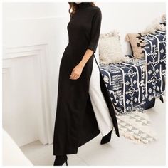 Black-Turtleneck-Stretch-Long-Tunic-Split-Side-Duter-Top-C30 Muslim Gown, Plus Size Black, Hijab Style, Dress Picture, Look Chic, Womens Maxi Dresses, Types Of Fashion Styles, High Collar, Elegant Fashion