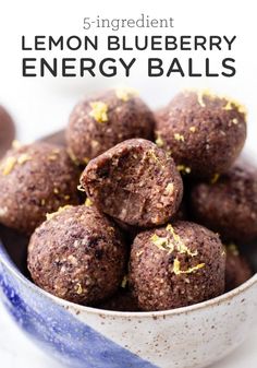 lemon blueberry energy balls in a bowl with text overlay that reads, 5 ingredient