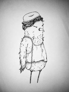 a black and white drawing of a person with a hat on his head wearing a backpack