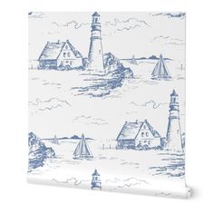 a blue and white wallpaper with lighthouses on it