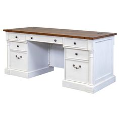 a white desk with two drawers and a wooden top on an isolated white backdrop background