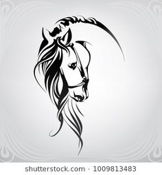 a horse's head with long manes in black and white on a gray background