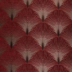 an art deco wallpaper pattern in red and silver with large fan shapes on it