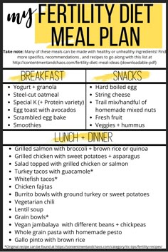 a menu for a healthy meal with the words, my fertity diet meal plan