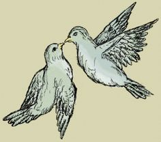 two birds flying next to each other with their wings spread out and one is kissing the other