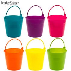 six different colors of plastic buckets with handles