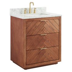 a bathroom vanity with marble top and wooden drawers