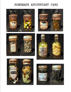 six jars with different types of food in them and the words homemade apothecary jars