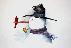 a snowman wearing a hat and scarf with a bird perched on top of it