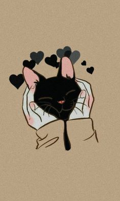 a black cat sitting on top of a person's arm with hearts in the background