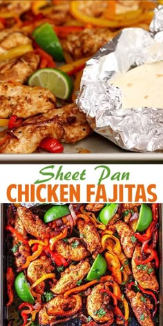 sheet pan chicken fajitas with peppers and limes on the side, in tin foil