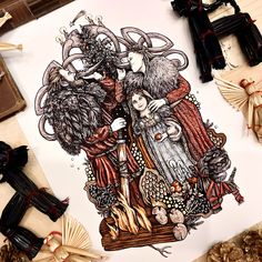 a drawing of two women with long hair and horns on their heads, surrounded by other items