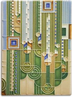 an abstract painting with green, blue and white squares on the bottom right side of the image