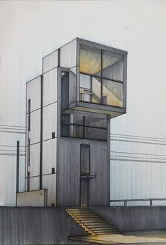 a drawing of a building with stairs leading up to it