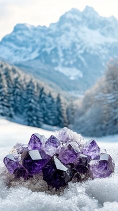 A cluster of small amethyst druzy crystals (5-10 cm) against a backdrop of snow-covered mountains and a dense forest. Soft, natural colors. No text! Photorealistic style. Mantra, Moon