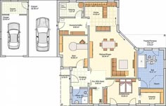 the floor plan for a house with two cars parked in it and three separate rooms