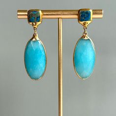 New Elegant Double Drop Earrings With Two-Tone Stones Set In 14k Gold Plate. Perfect For Everyday, A Special Occasion, Or A Gift. Truly One Of A Kind! 2 Color Options Available. - Turquoise And Aqua Chalcedony Stones - 14k Gold Plate - Post Back - 1.75”L - Designer: Janna Conner - Handmade In Los Angeles - New Without Tags - One Of A Kind Blue Oval Earrings With Natural Stones, Luxury Aquamarine Blue Earrings, Luxury Blue Aquamarine Earrings, Elegant Faceted Turquoise Earrings, Elegant Turquoise Faceted Earrings, Chalcedony Stone, Earrings Turquoise, Aqua Chalcedony, Turquoise Earrings