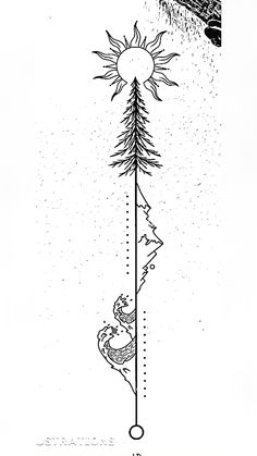 an ink drawing of the sun and moon on top of a tall pole with trees