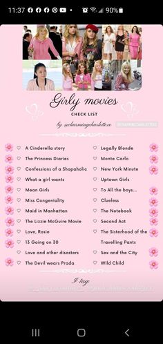 the girl movies list is displayed on an iphone screen, with pink flowers and hearts around it