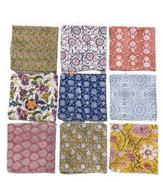 six different colors of handkerchiefs with flowers on them, all in various sizes and patterns