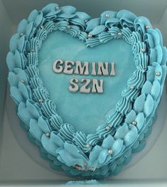 a heart shaped cake with the words gemini szn on it's side