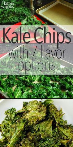 kale chips with 7 flavor options on a white plate and in a baking pan