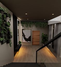 the stairs lead up to an entryway with plants hanging from it's walls