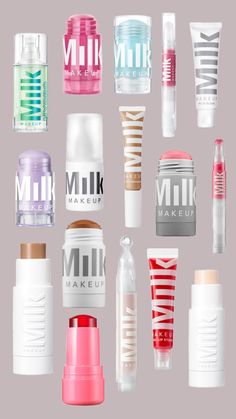 many different types of lip bales and containers on a gray background with the words milk makeup written in white