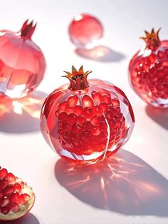 several pomegranates are shown with their shadows on the table and one is cut in half