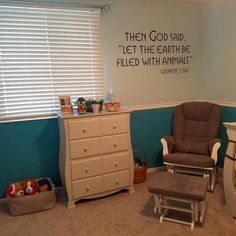 a baby's room with a dresser, chair and crib in the corner