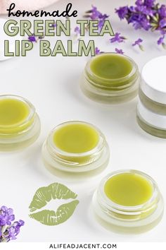 This homemade lip balm recipe with green tea offers intense moisture and repair for dry, chapped lips! Made with natural ingredients like lanolin, essential oils, and real green tea oil, this moisturizing DIY lip balm is infused with a serious dose of healing antioxidants. Learn how to make herbal lip balm without vaseline, petroleum jelly or other toxic ingredients – also includes an option without beeswax. Green Tea Lip Balm, Lip Balm Recipe, Lavender Latte, Balm Recipe, Green Lips, Natural Beauty Recipes