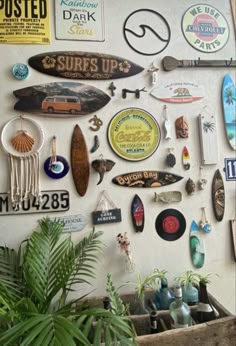 Image of wall decoration. The decoration is mostly surfing-related, like a surfboard or an ocean wave. There’s a plant in the left bottom corner. Island Essentials, Surfer Room, Deco Surf, Beach Room Decor, Surf Room, Holly House, Beachy Room Decor, Summer Room