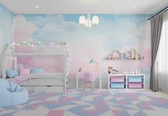 a child's bedroom decorated in pastel colors