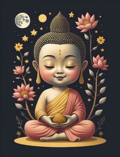 a buddha statue sitting on top of a table next to pink flowers and moon in the background