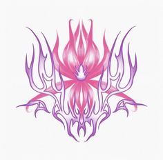 a pink and purple tattoo design with flames on it's back side, in the center