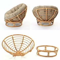 three different types of chairs made out of bamboo and wicker, each with a cushion on the back