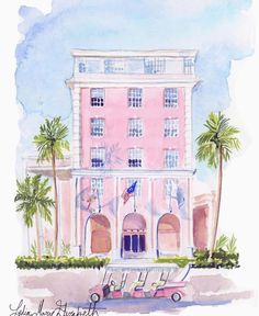 a watercolor painting of a pink building with palm trees