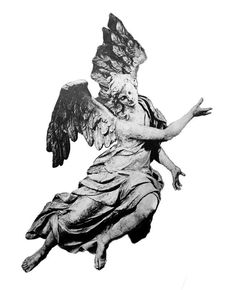 an angel statue is shown in black and white