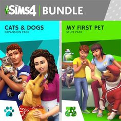 the sims 4 bundle includes cats and dogs, as well as an image of a woman holding a cat