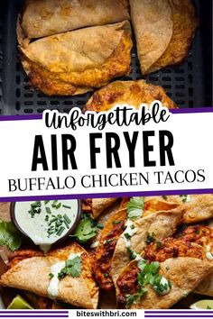 air fryer buffalo chicken tacos with text overlay that reads unforgettable air fryer buffalo chicken tacos