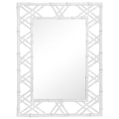 a mirror that is made out of white bamboo and has an intricate design on the frame